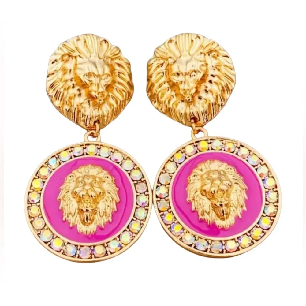 4FJ: Vintage Style Pink & Golden Lion Head Drop Dangle Zinc Alloy Earrings, NIP - Picture 5 of 6